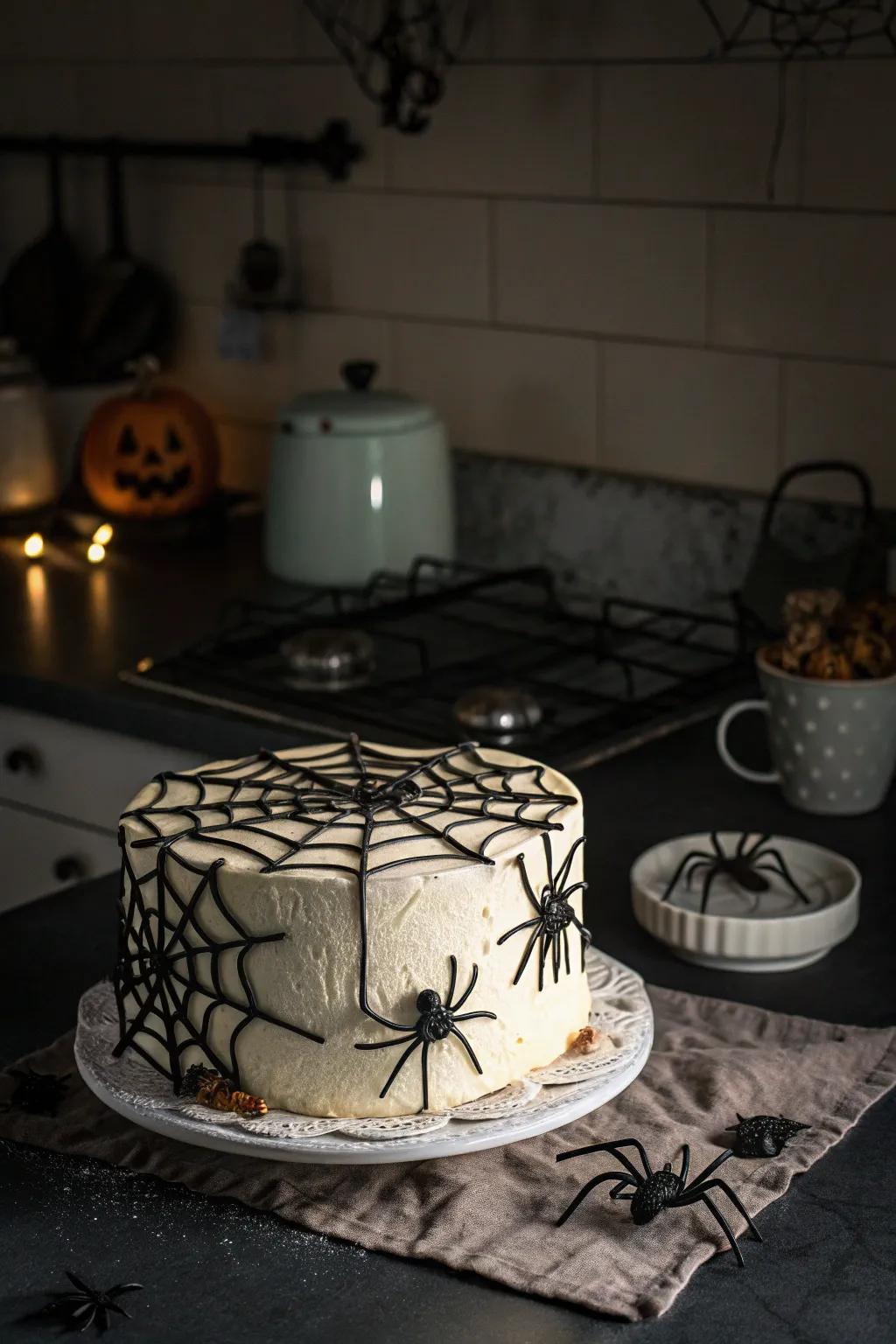 A spider web cake that is a sticky pleasure.