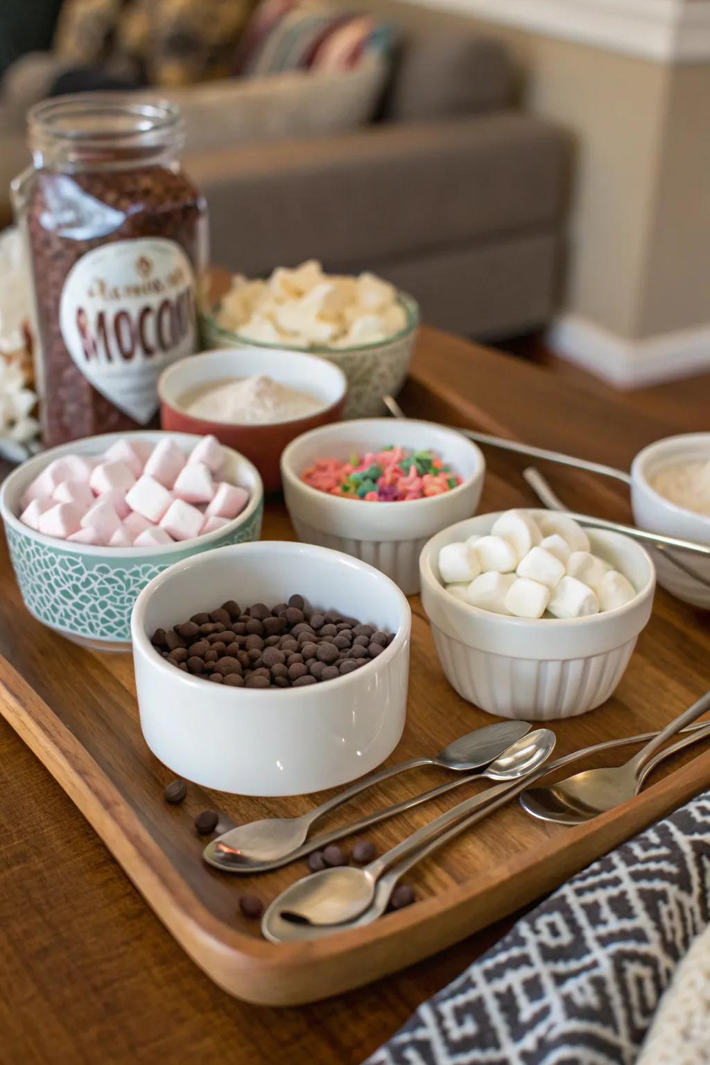 A DIY station entices visitors to personalize their hot chocolate.