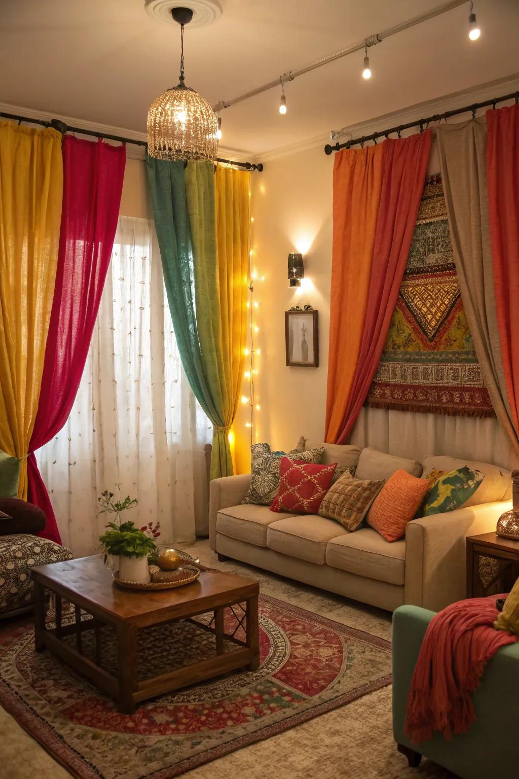 Infuse warmth and pattern with vibrant drapes and materials.