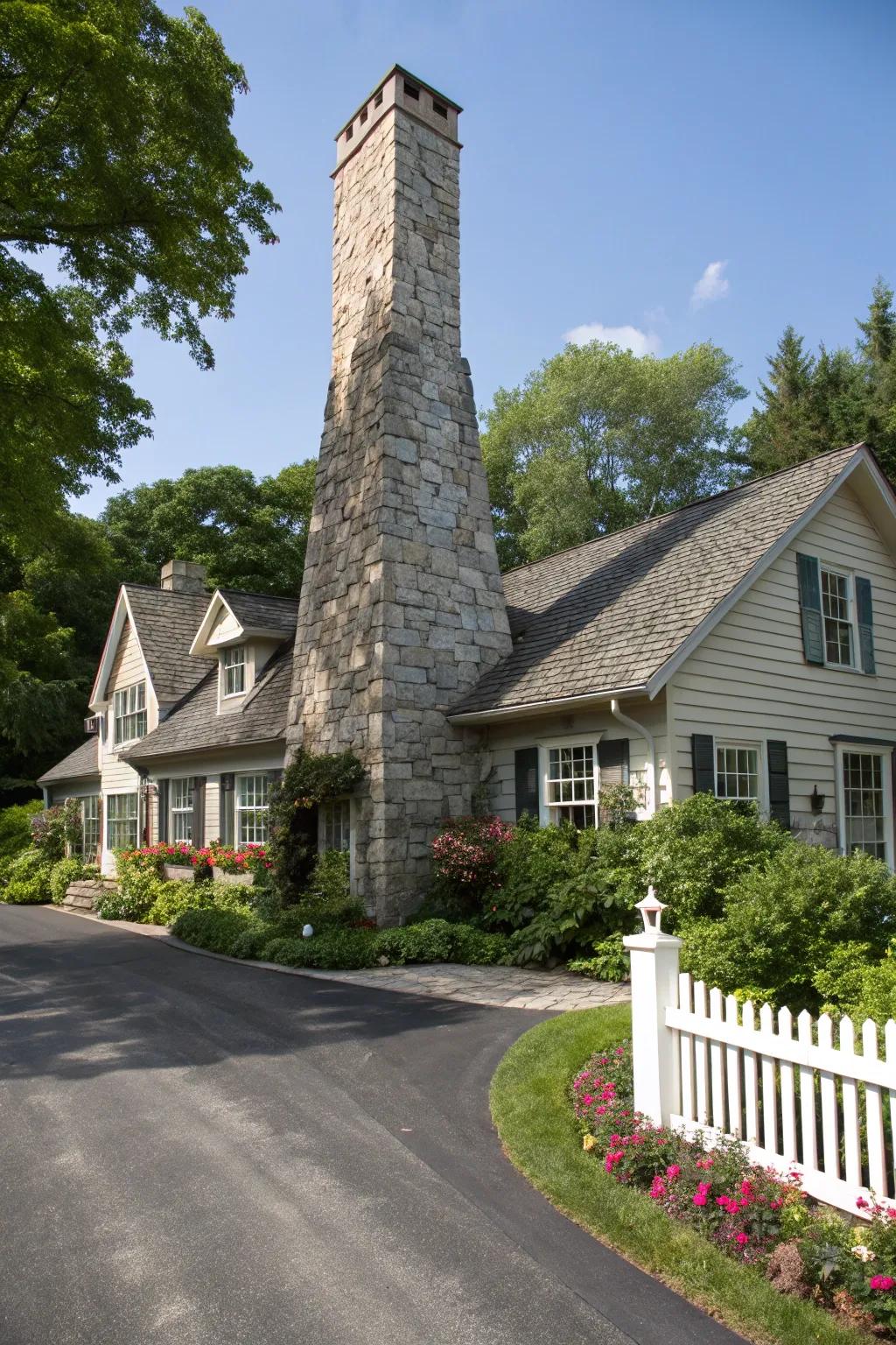 An impressive stone smokestack as a centerpiece.