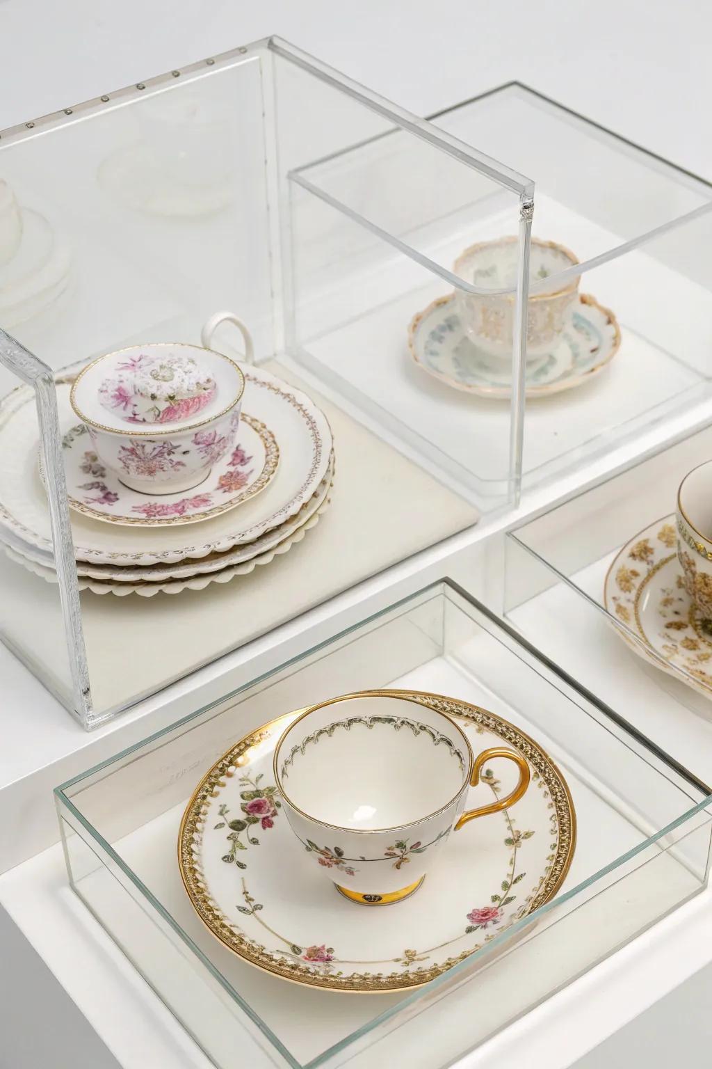 Clear boxes displaying individual dishware pieces as distinct artworks.