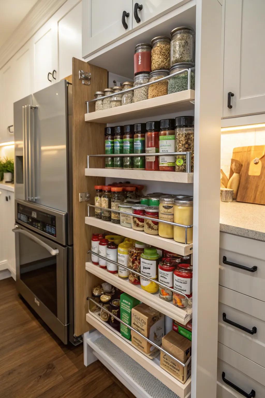 Tiered shelves improve organization and visibility.