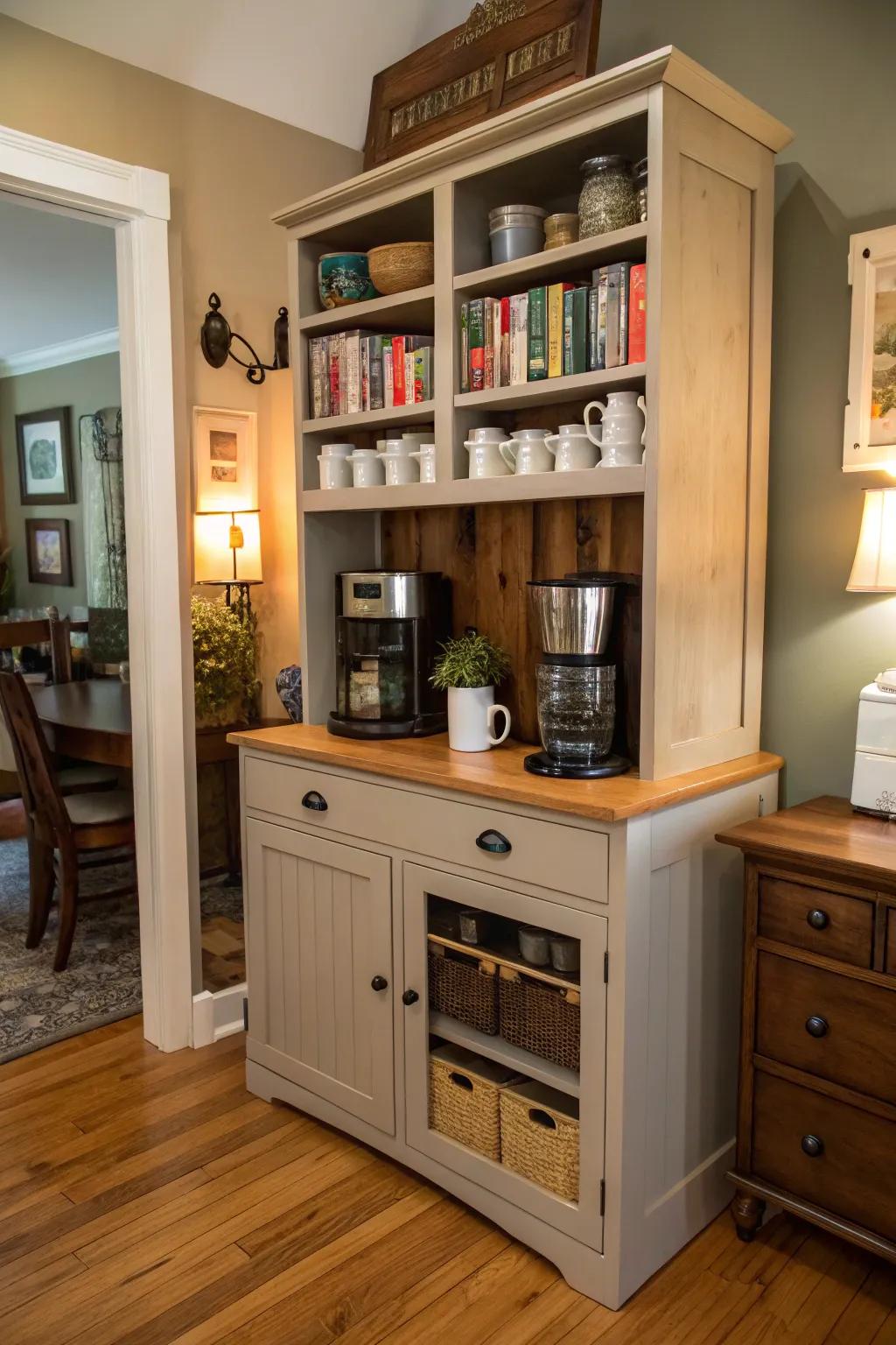 A hutch switched into a coffee spot mixes design with utility.
