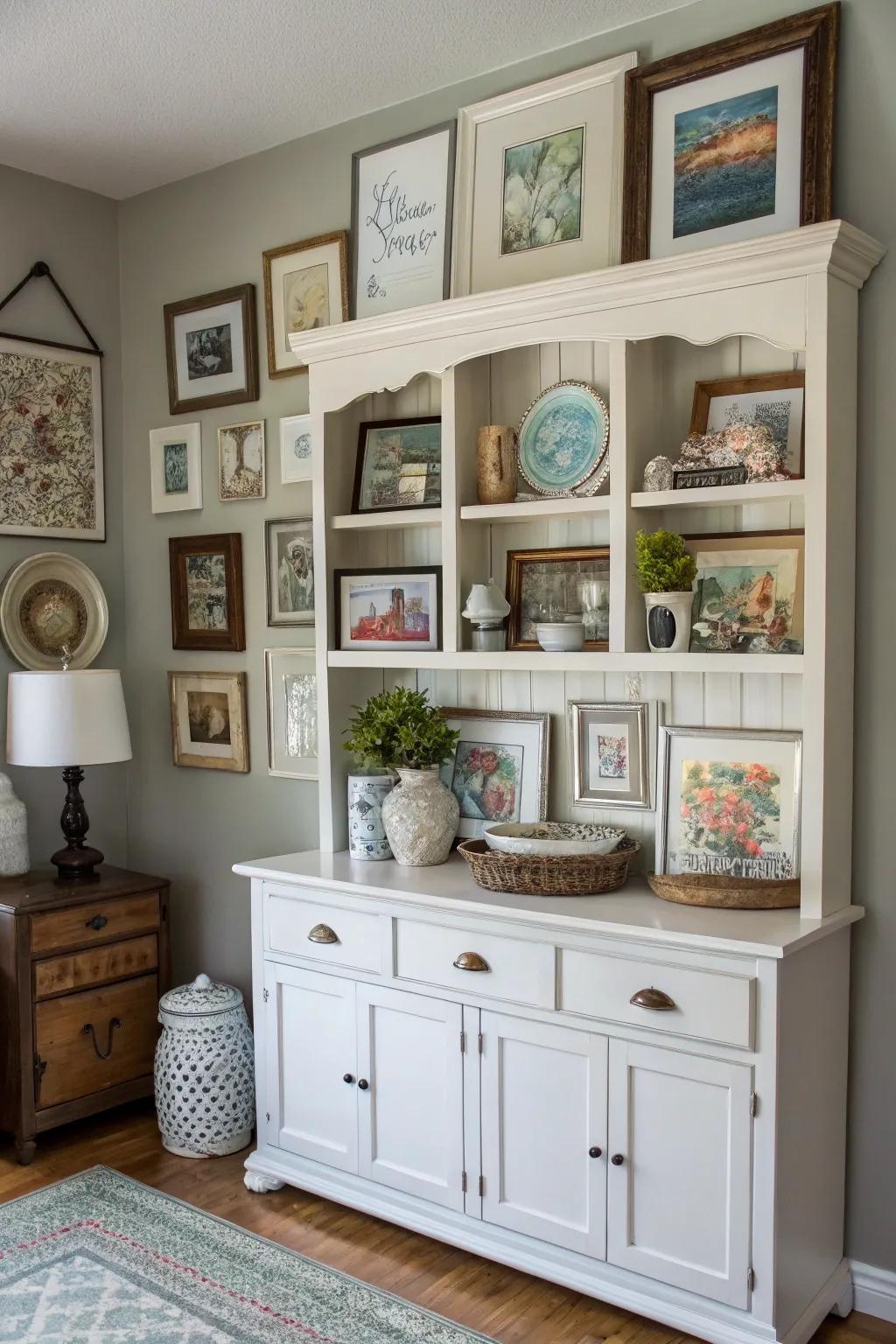Using a china cabinet top, transform a space with a gallery wall.