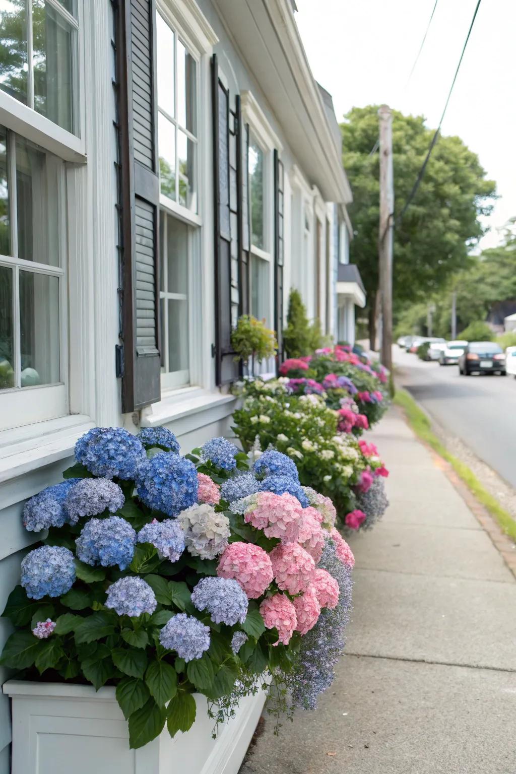 Sill boxes decorated with vibrant hydrangeas on a building's front.