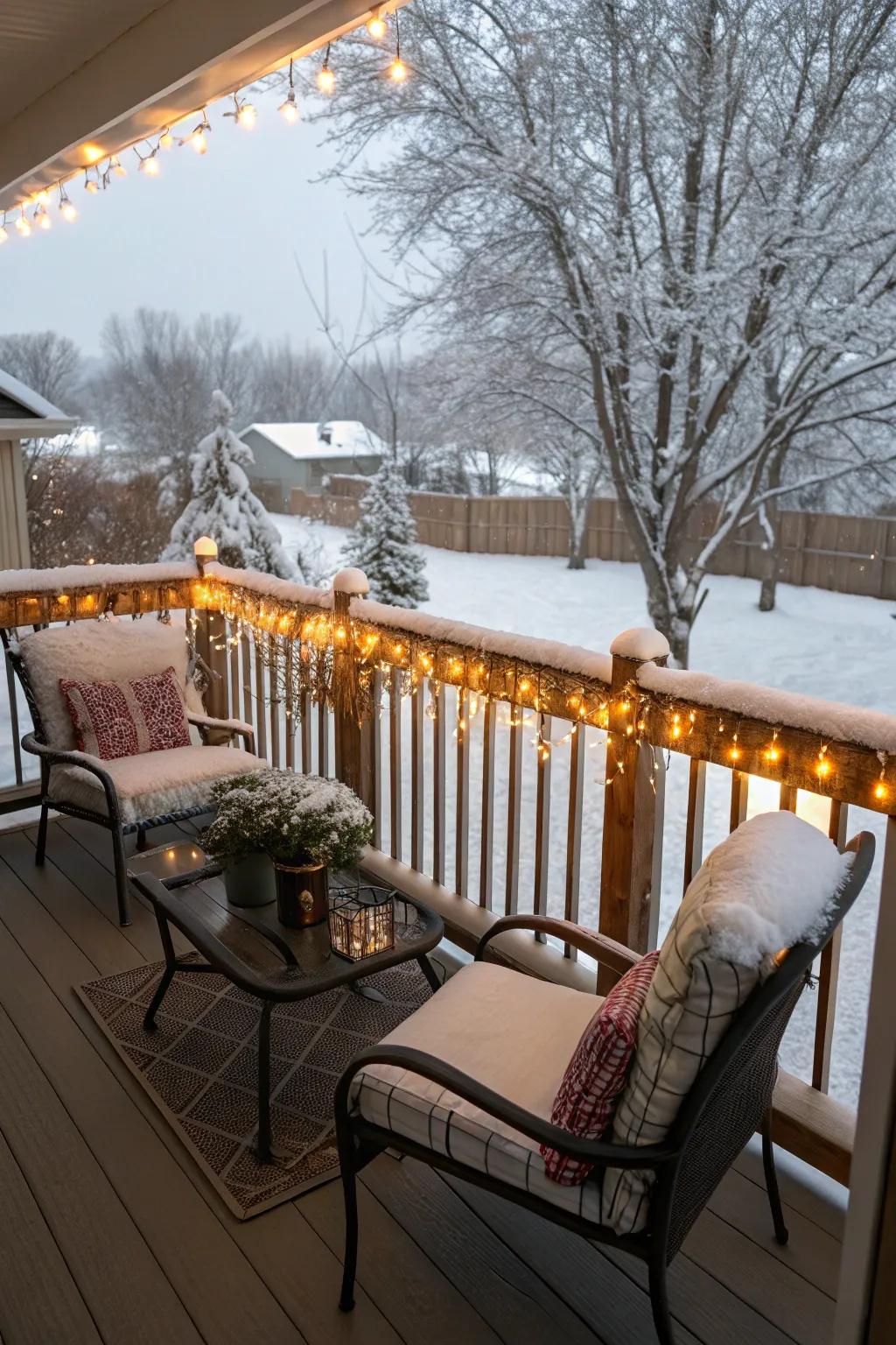 A deck transformed into a cozy retreat with glimmer strands.