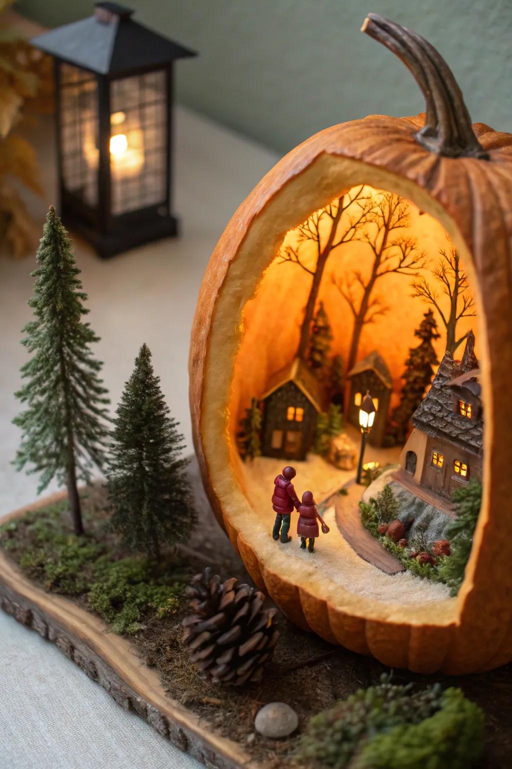 A pumpkin micro-world showcasing a whimsical small-scale scene.