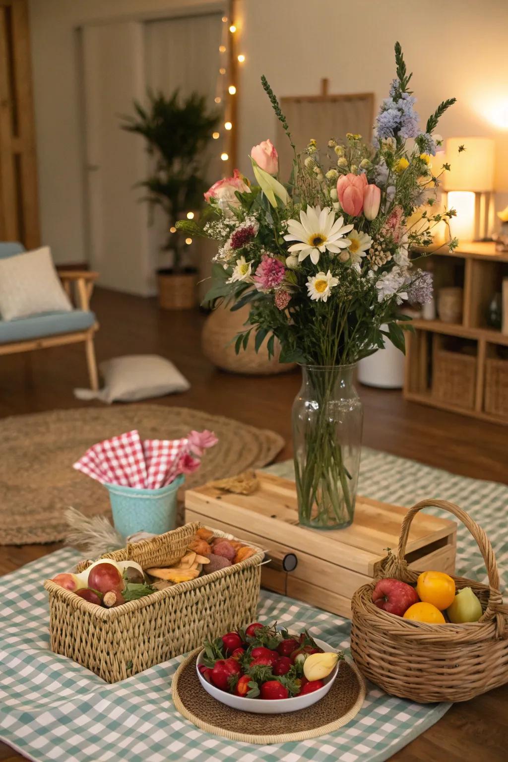 Fresh flowers add natural beauty to the indoor picnic setting.