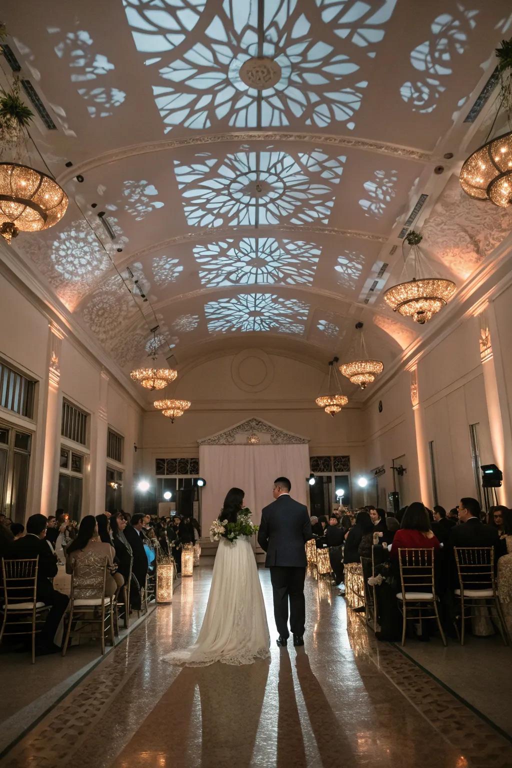 Ceiling arrangements adding drama and elegance to the wedding decor.