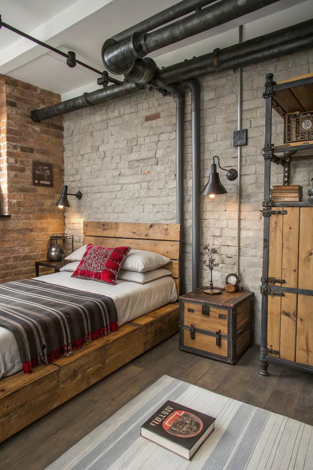 Unrefined textures introduce character and coziness to this industrial sleeping area.