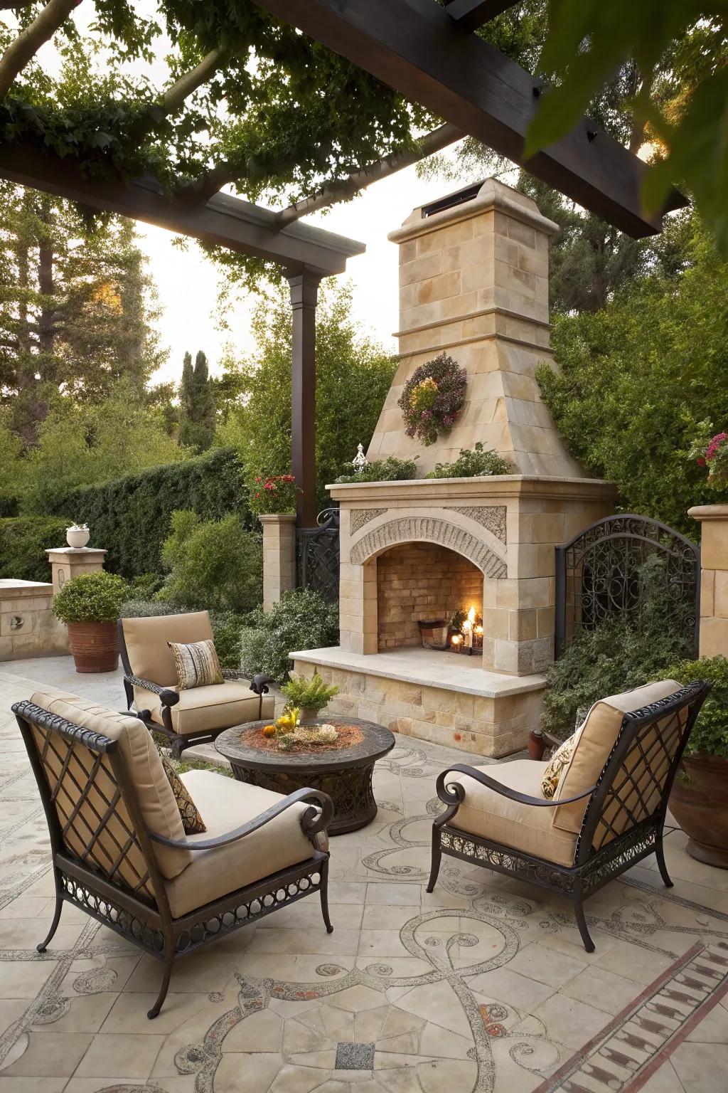 An outdoor fire feature serves as a cozy central point for gatherings.