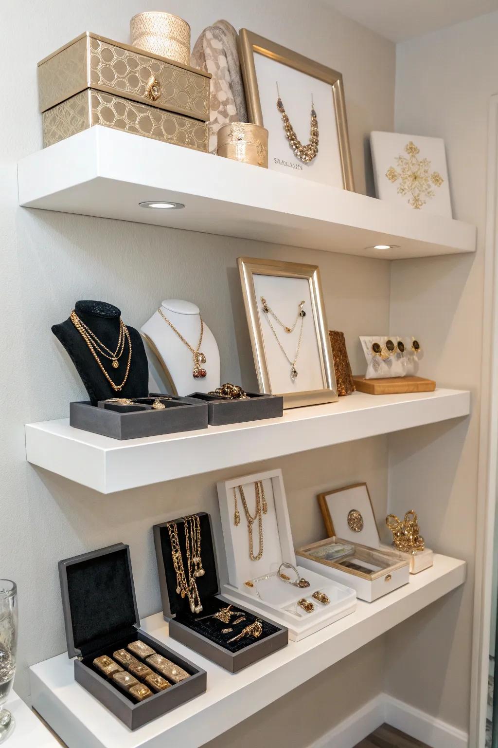 Floating shelves highlighting jewelry