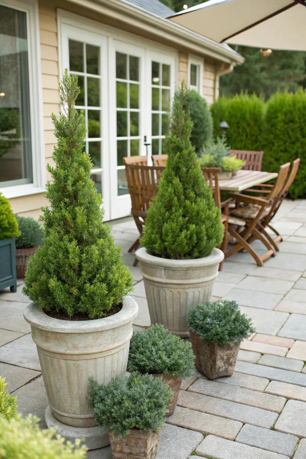 Evergreens in containers on a charming patio