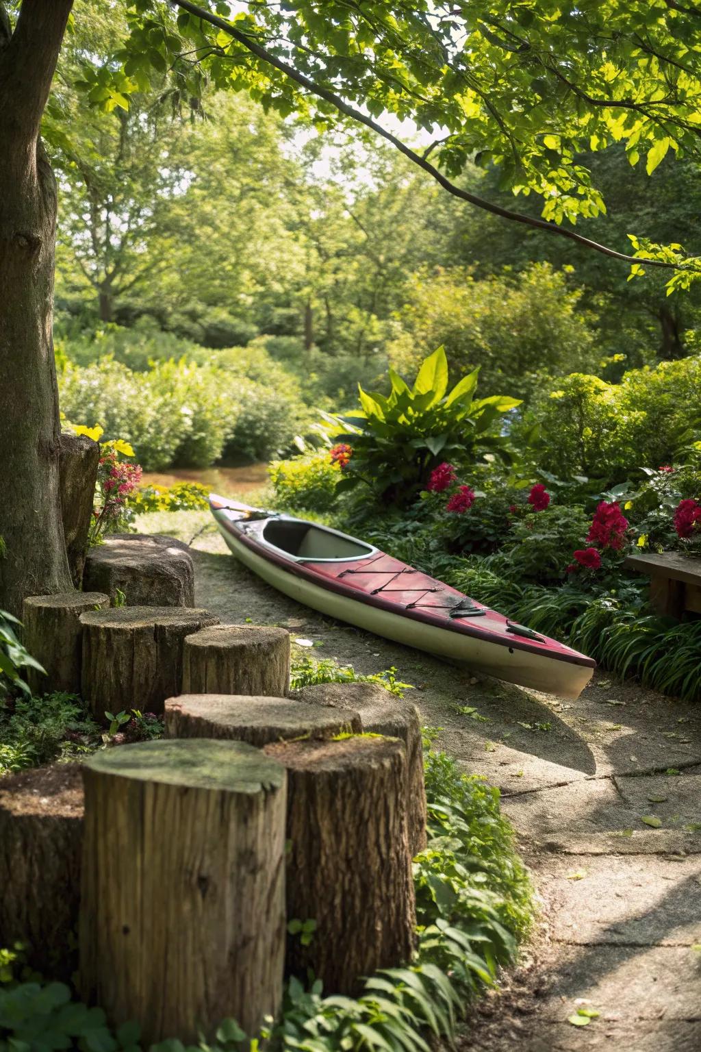 Canoe stored using natural supports.