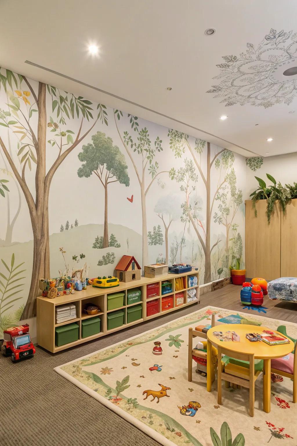 A playroom with nature-themed decor that brings the calmness of the outdoors inside.
