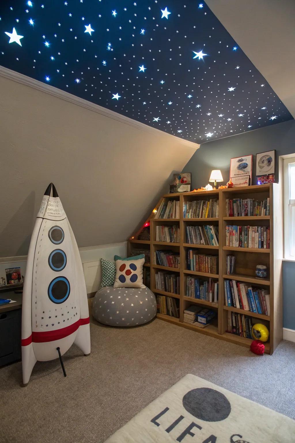 A stellar space explorer's reading corner, prepared for cosmic adventures.