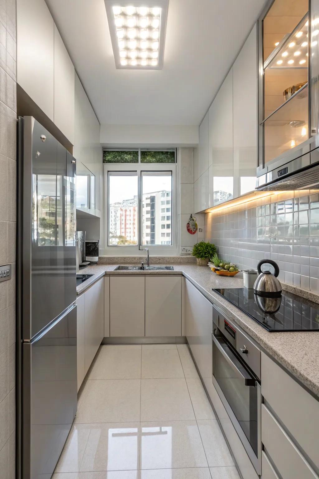 Mirrored backsplash windows amplify small kitchens by mirroring light and widening the sense of space.