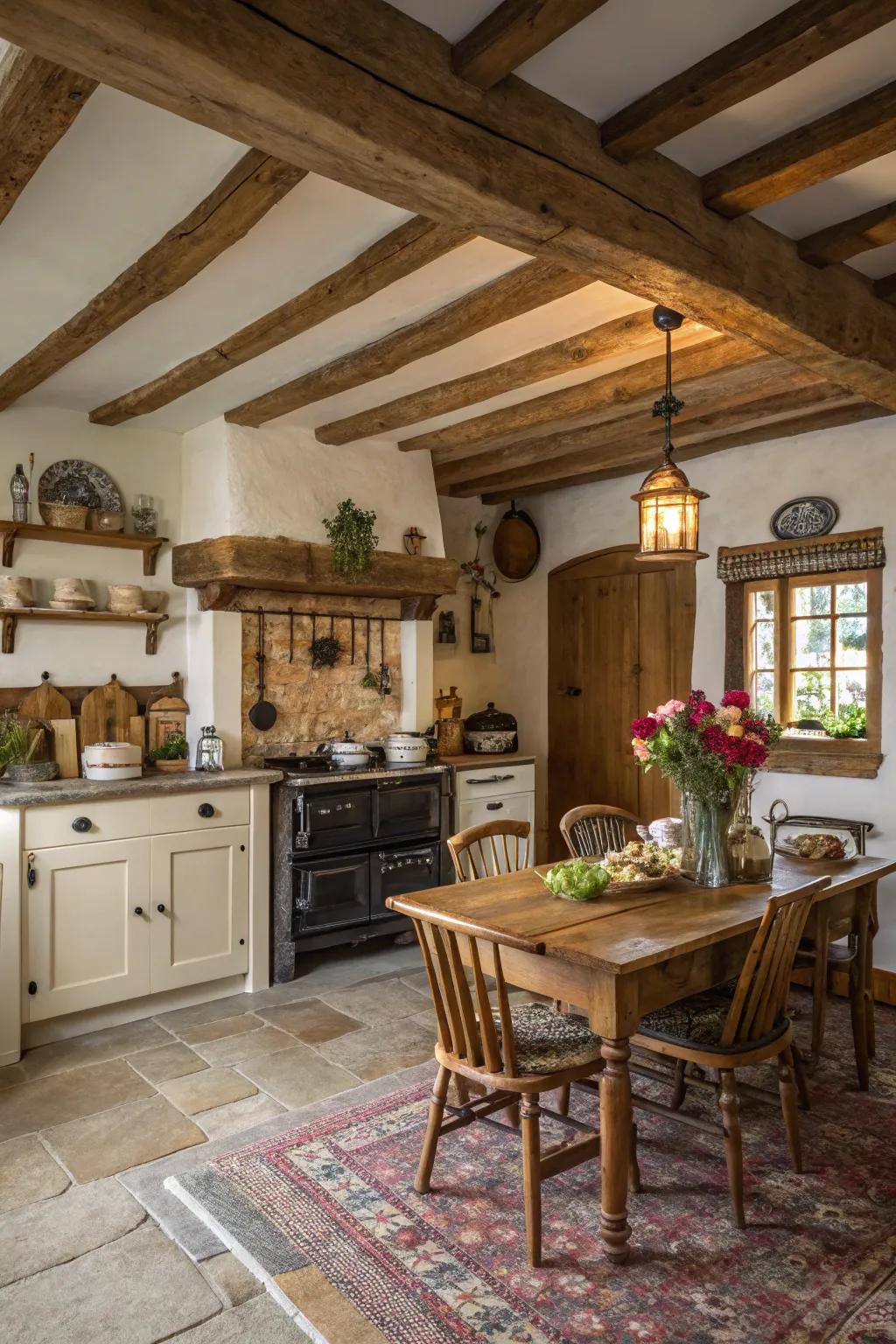 Timber beams foster a welcoming, classic kitchen atmosphere.