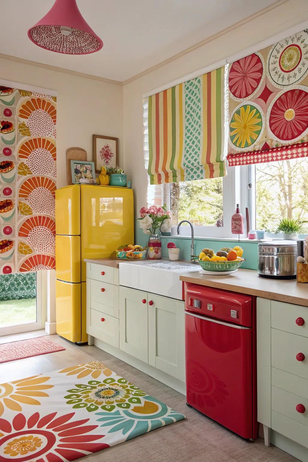 Vibrant kitchen featuring bold patterned window treatments