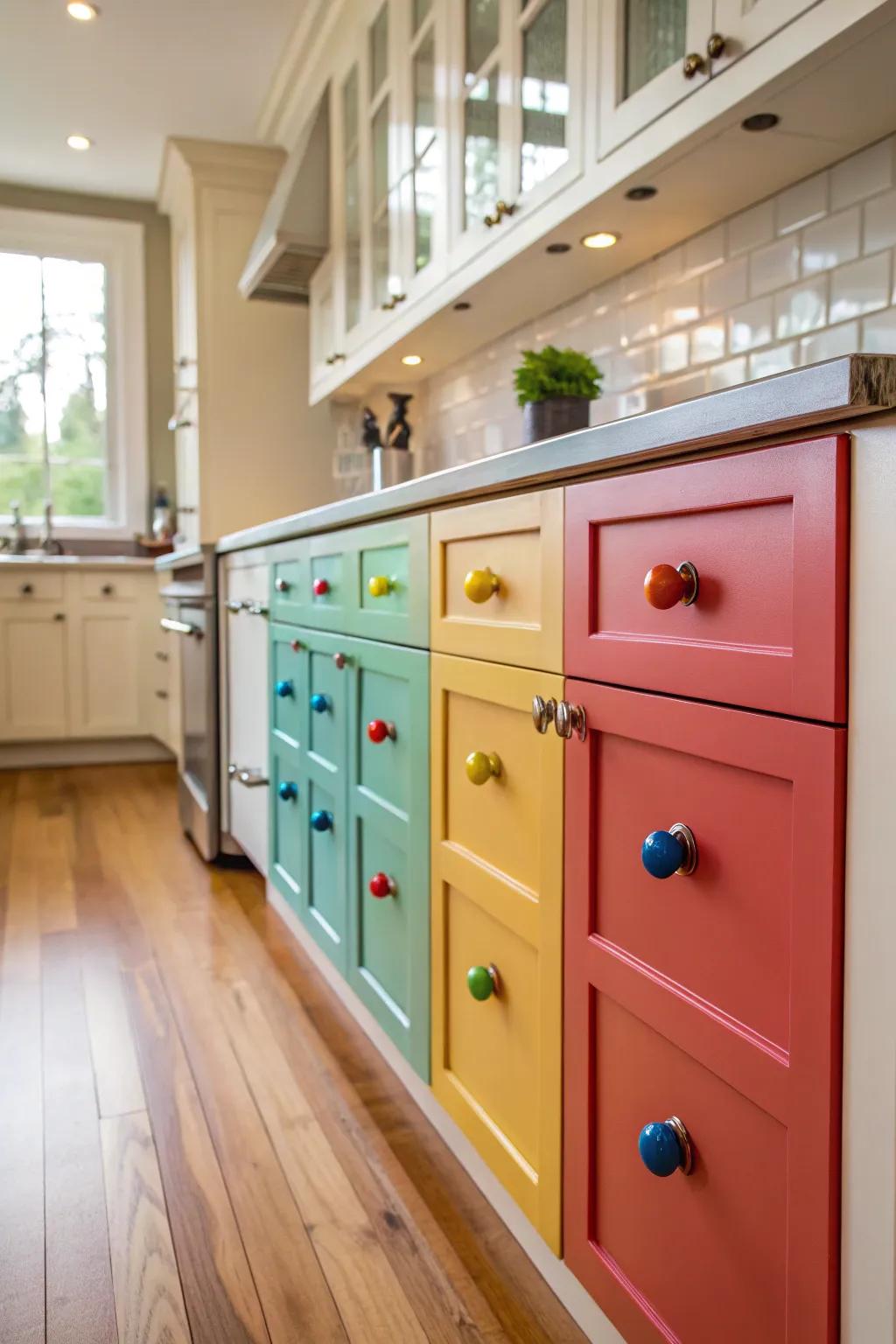 Vibrant hardware promptly enlivens the kitchen decor.