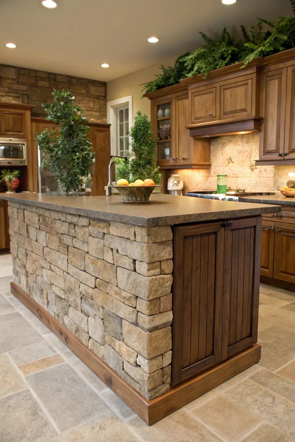 Textured rock finish infuses verdant dimension and splendor into this cooking hub centerpiece, heightening its tangible allure.