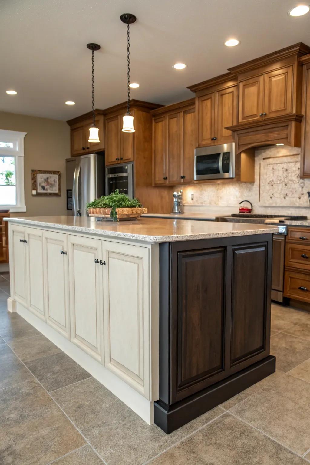 Dual-tone kitchen island that attracts attention with its contrasting shades.