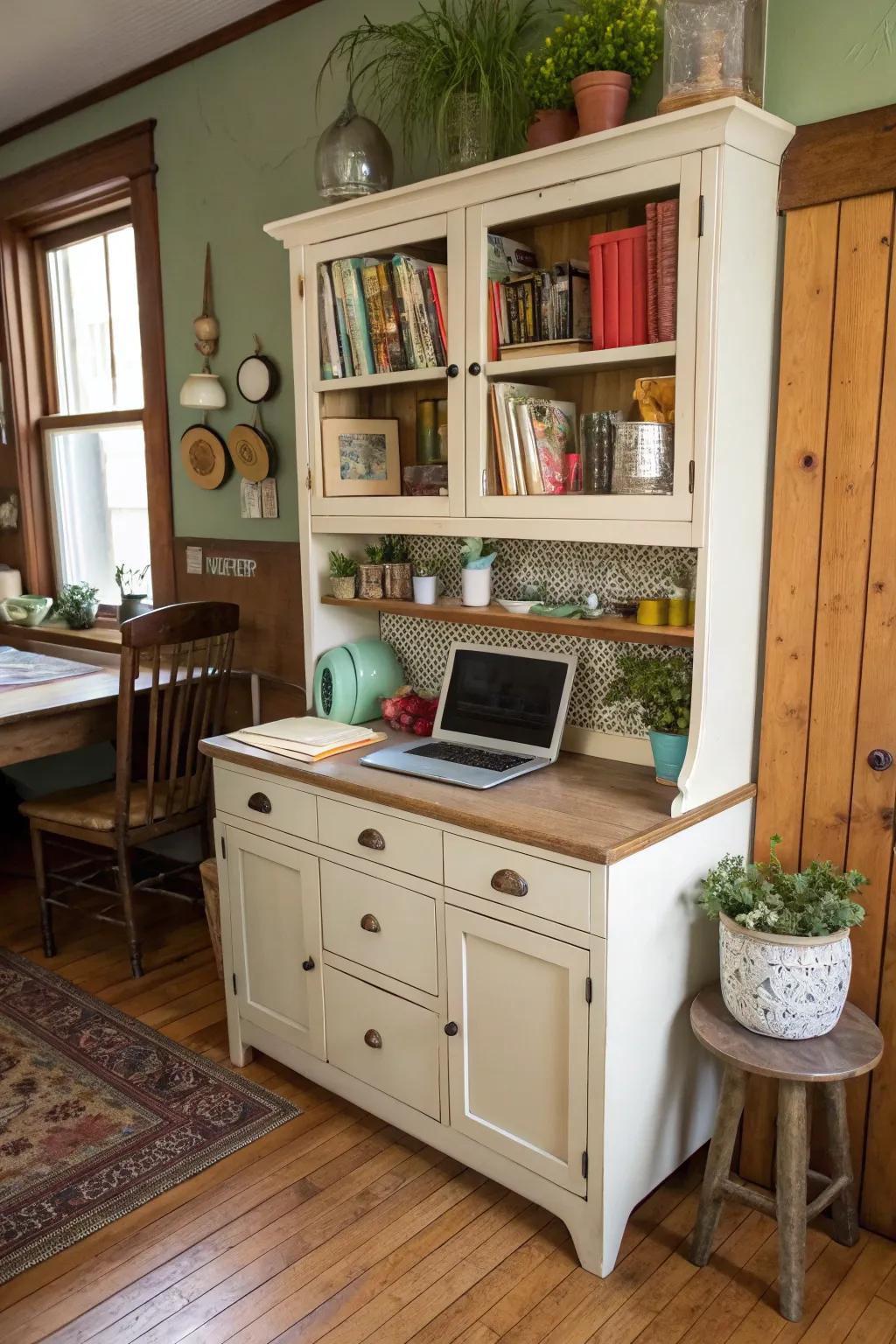An antique hutch is creatively used as a kitchen office.