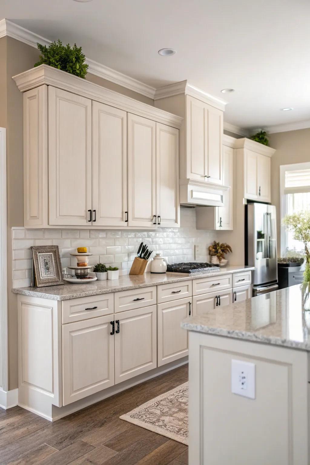 Pale stone walls provide a warm and sophisticated backdrop.