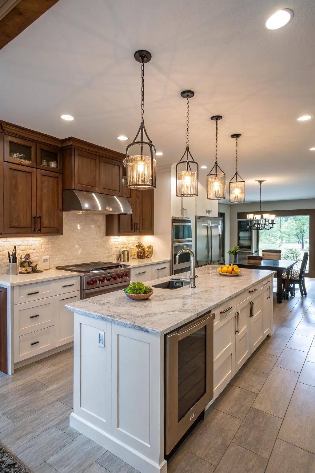 Fashionable hanging lights matched with integrated lighting in a kitchen.