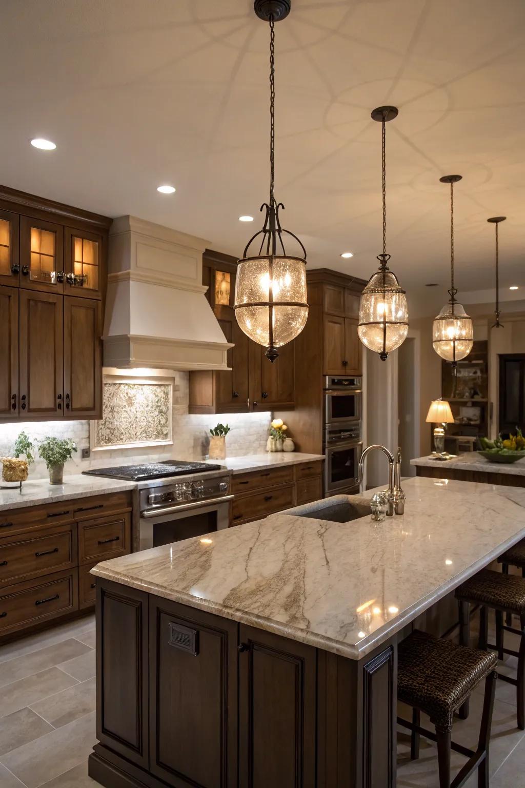 Strategic lighting enhances the kitchen's environment and functionality.