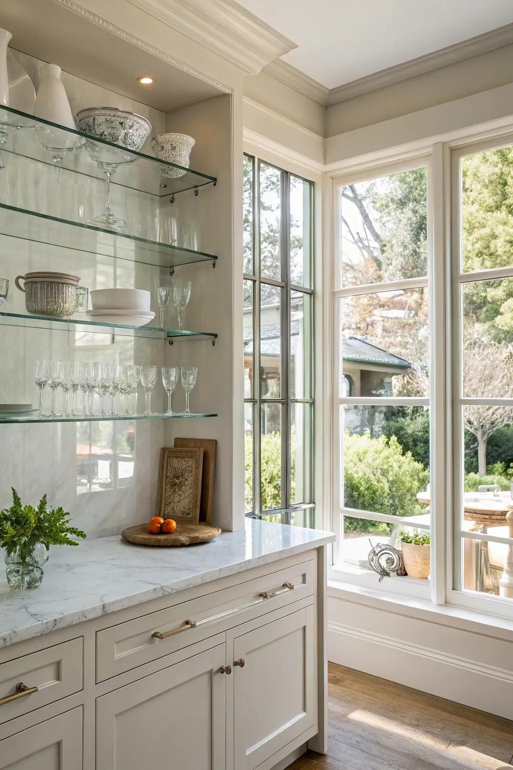 Glass shelves maintain a light and airy atmosphere, ideal for small kitchens.