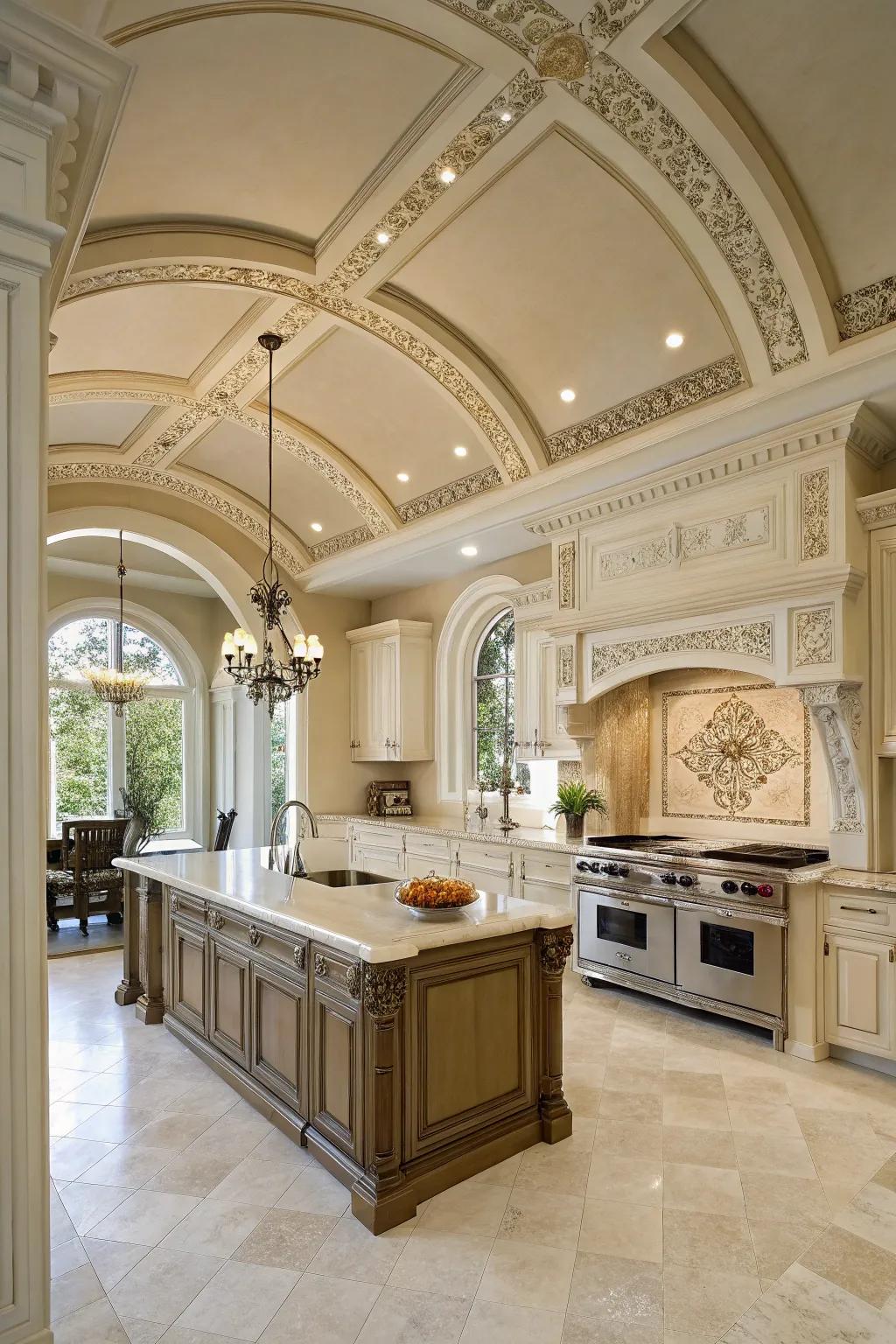 Ornamental pieces upgrade the grace of the kitchen’s peak ceilings.