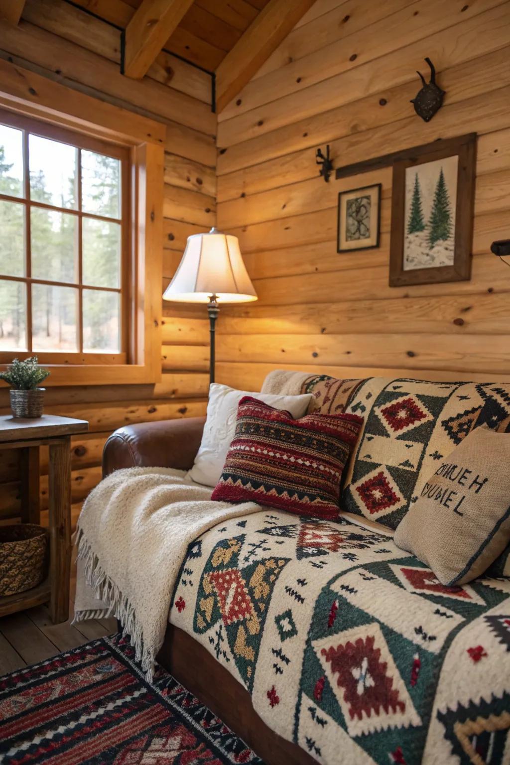 Designed textiles and scatter pillows adding texture to the cabin.
