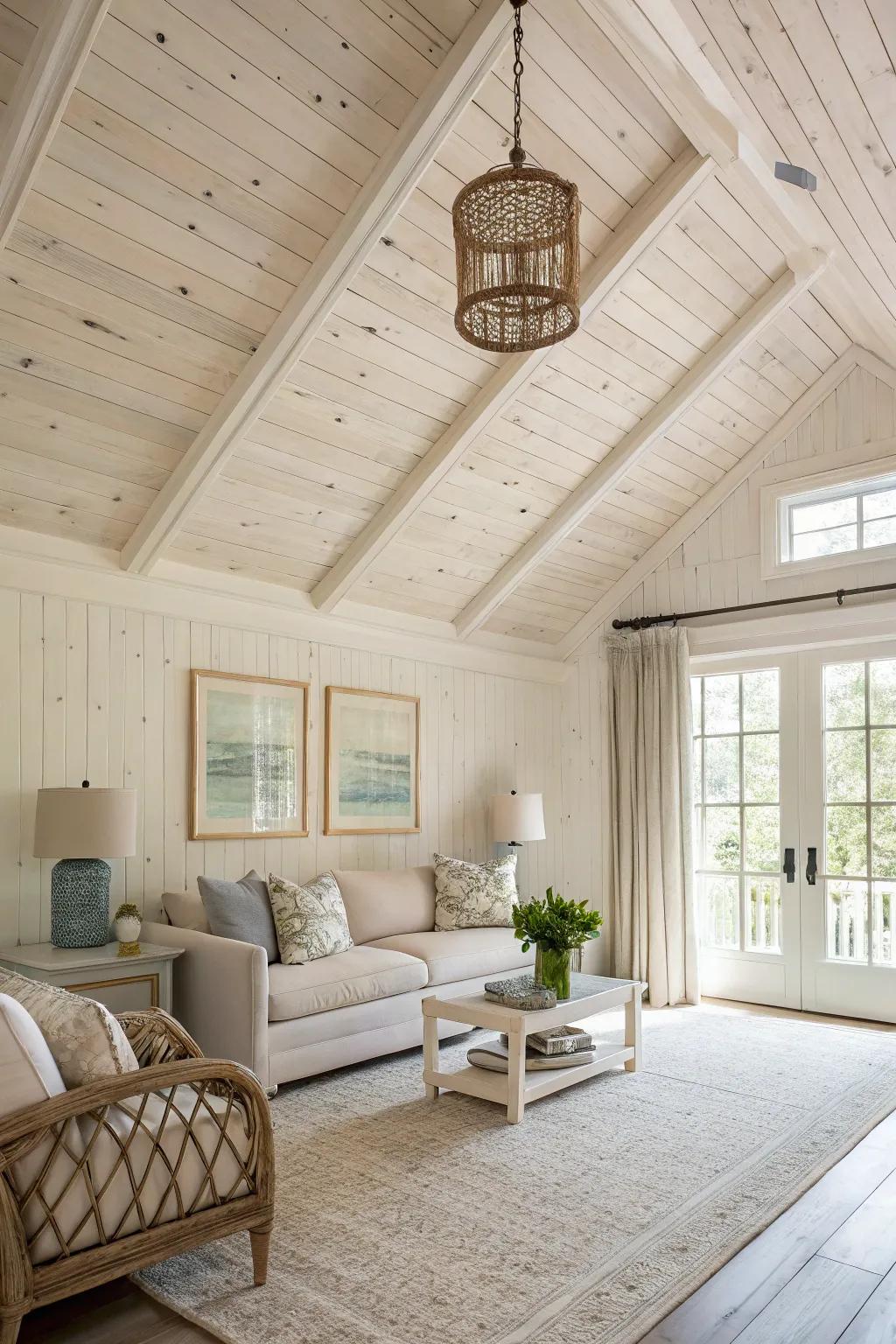 A room with a fresh and airy whitewashed wood-clad ceiling.
