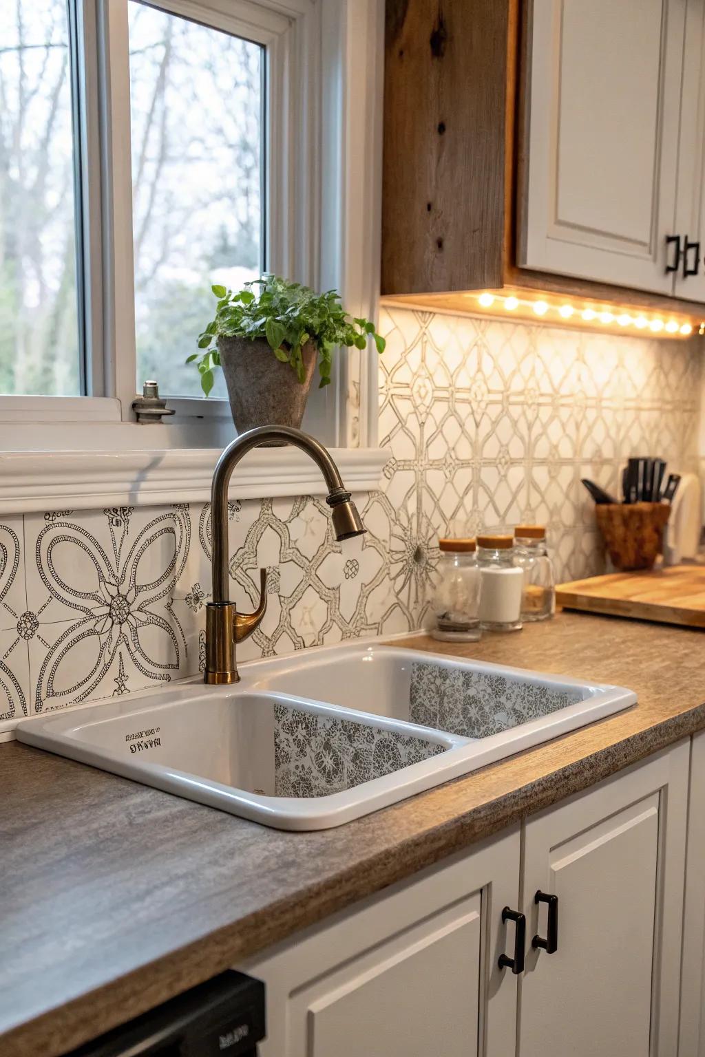 Practical synthetic backsplash surrounding the kitchen drain vicinity.