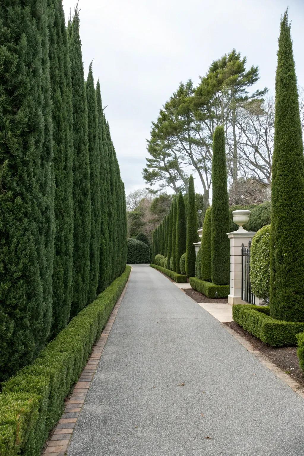 Hedges offer privacy and a traditional aesthetic to any driveway.