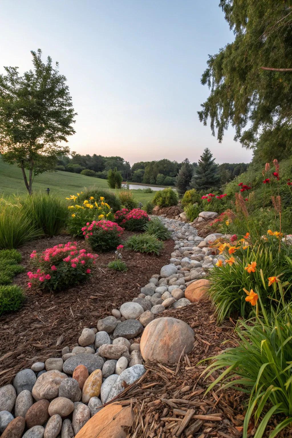 For a textured garden design, mix ground cover with stones.