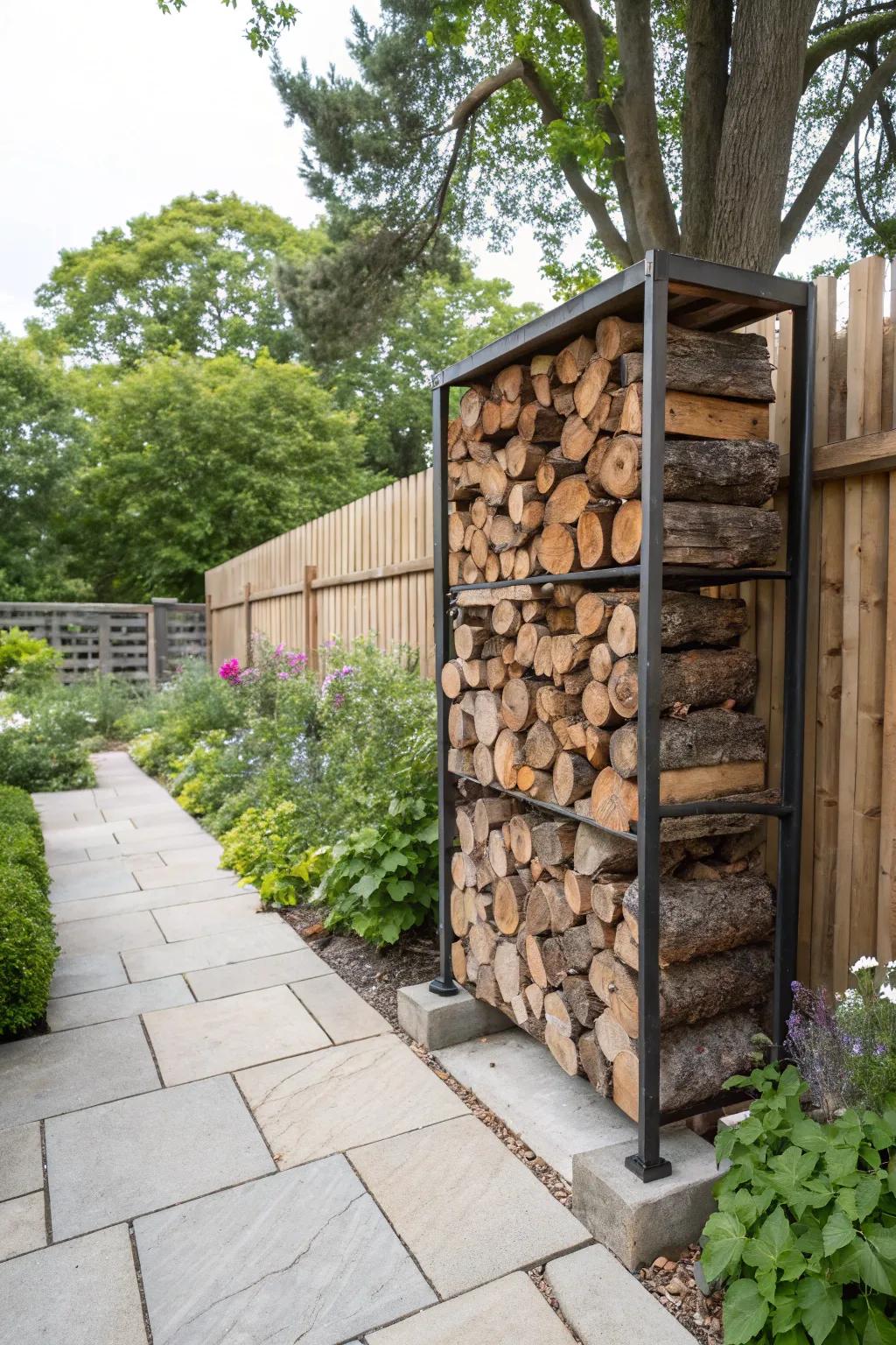 A timber firewood holder keeps wood organized and dry.