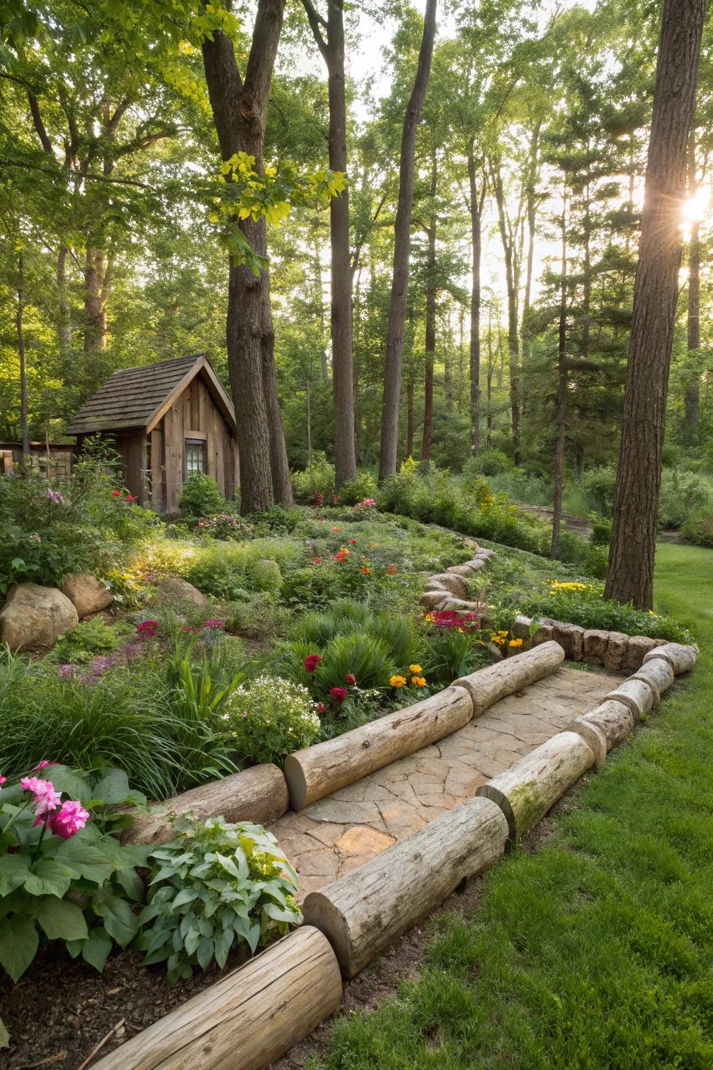 Logs utilized as natural barriers in a forest garden.
