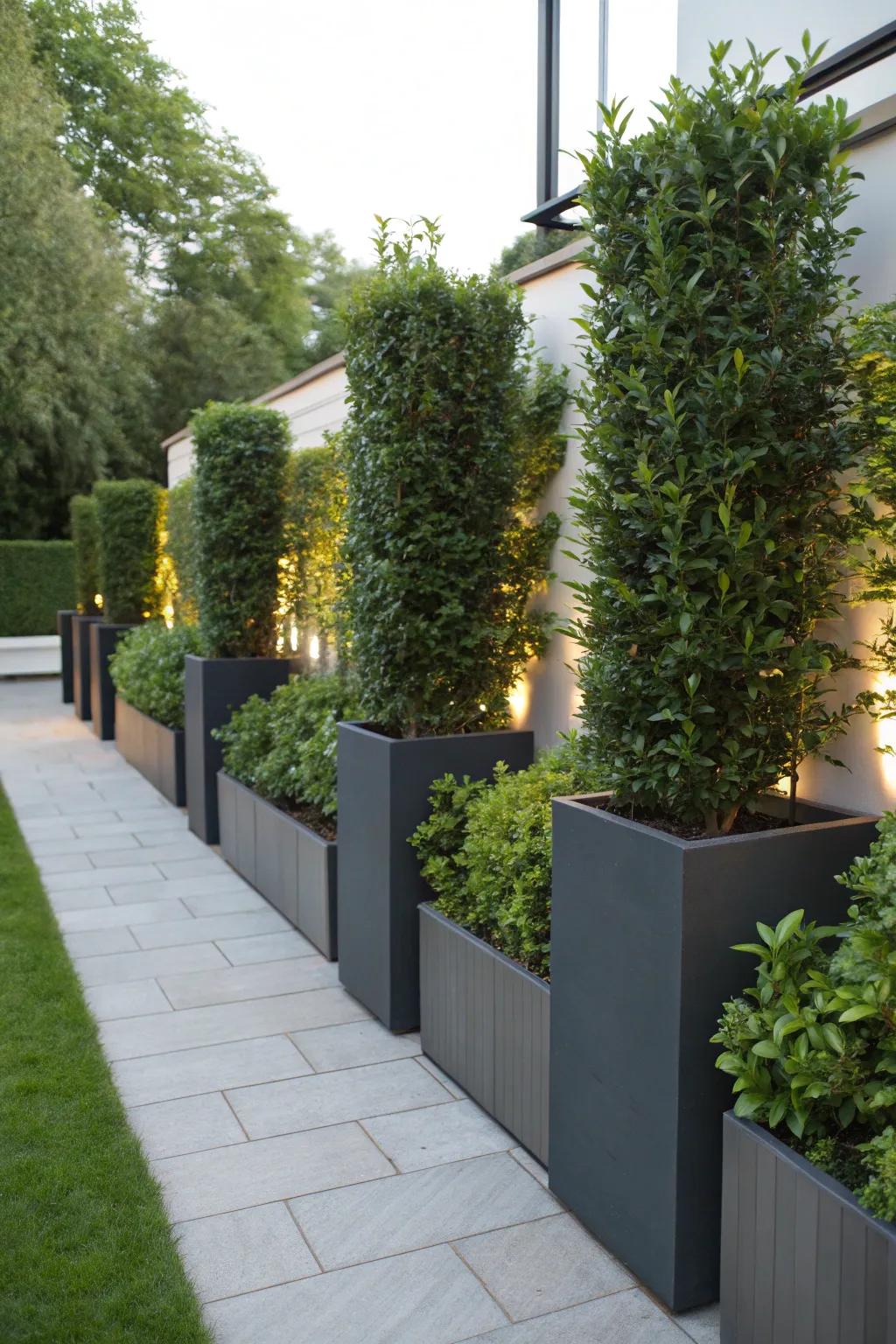 Stylish personal privacy with high plant pots filled with lavish greenery.