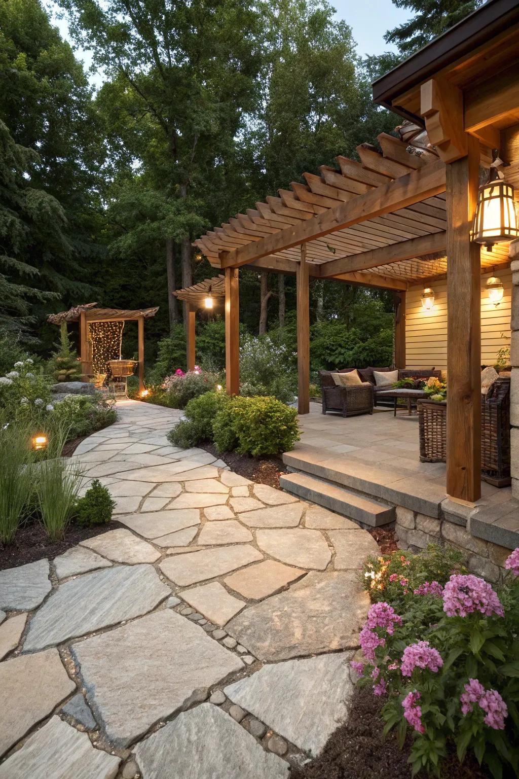 Natural materials bestow warmth and credibility to this patio.