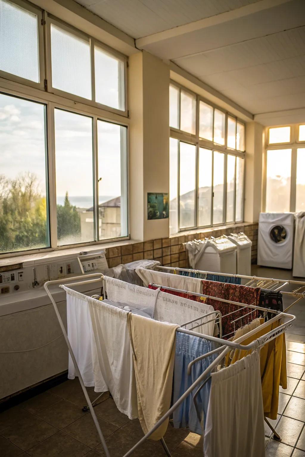 Drying racks are placed near windows to utilize direct sunlight.