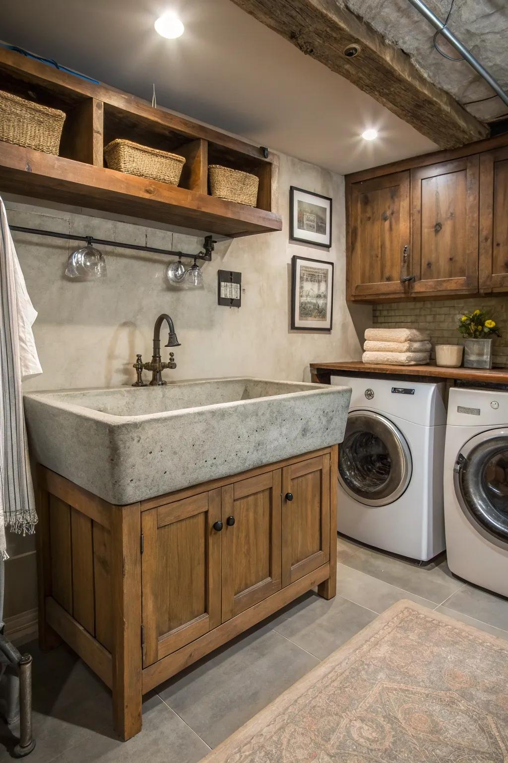 Concrete washbasins offer industrial charm and durability.