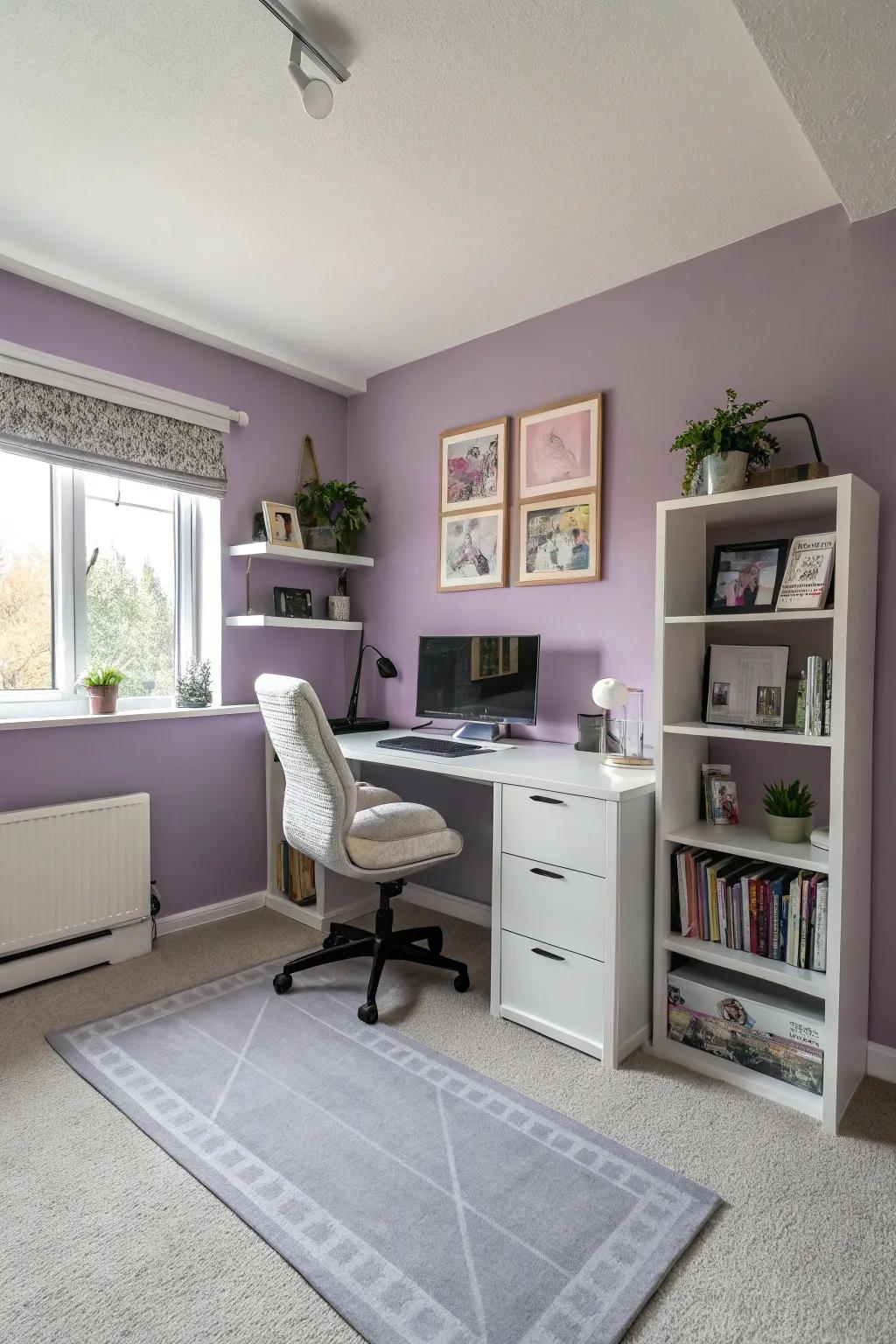 A serene home office featuring lavender walls and desk mat designed for a focused work environment.