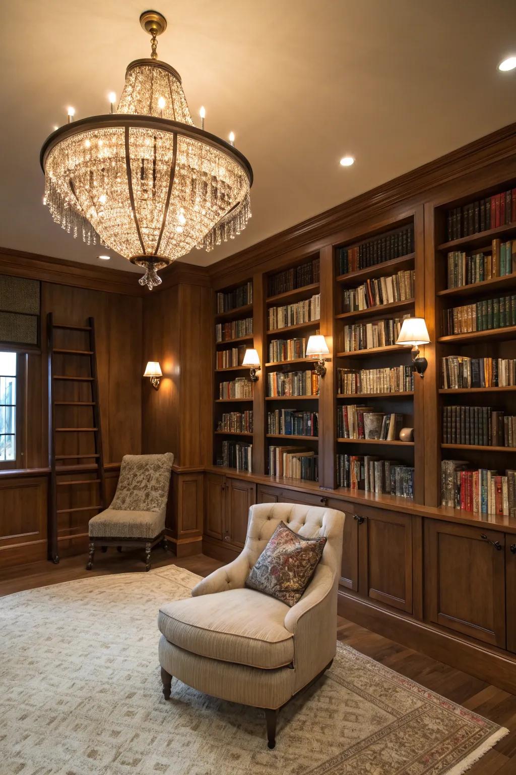 A statement chandelier that introduces light and elegance to the library.