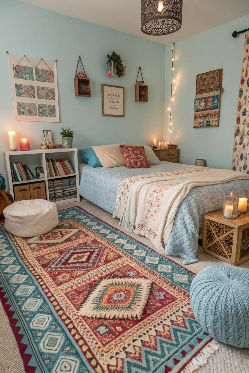 A bohemian bedroom filled with patterned rugs and light blue accents for a unique vibe.