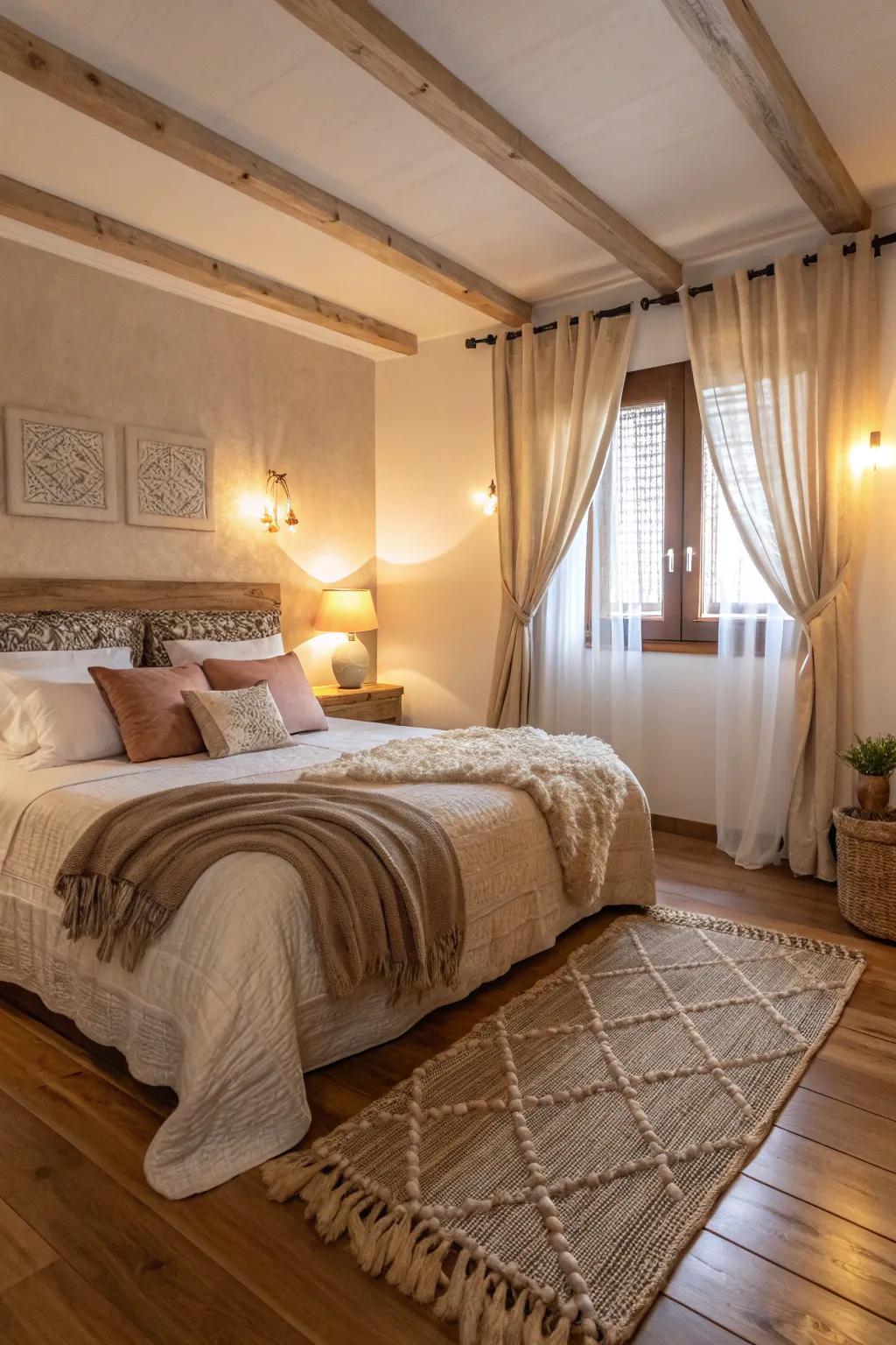 Light brown flooring adds warmth to this inviting bedroom.