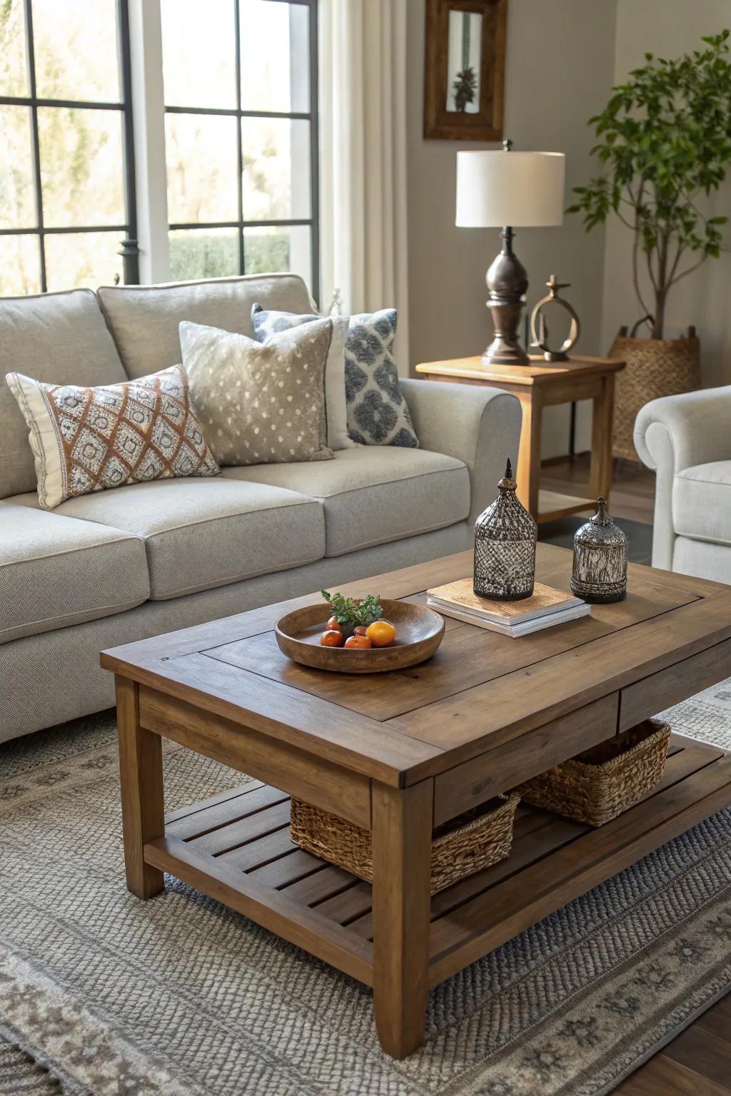 Wood features introduce both warmth and surface detail to a setup centered around a light grey couch.