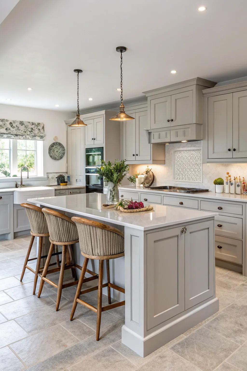 A functional central workspace complements delicate grey cabinets beautifully.