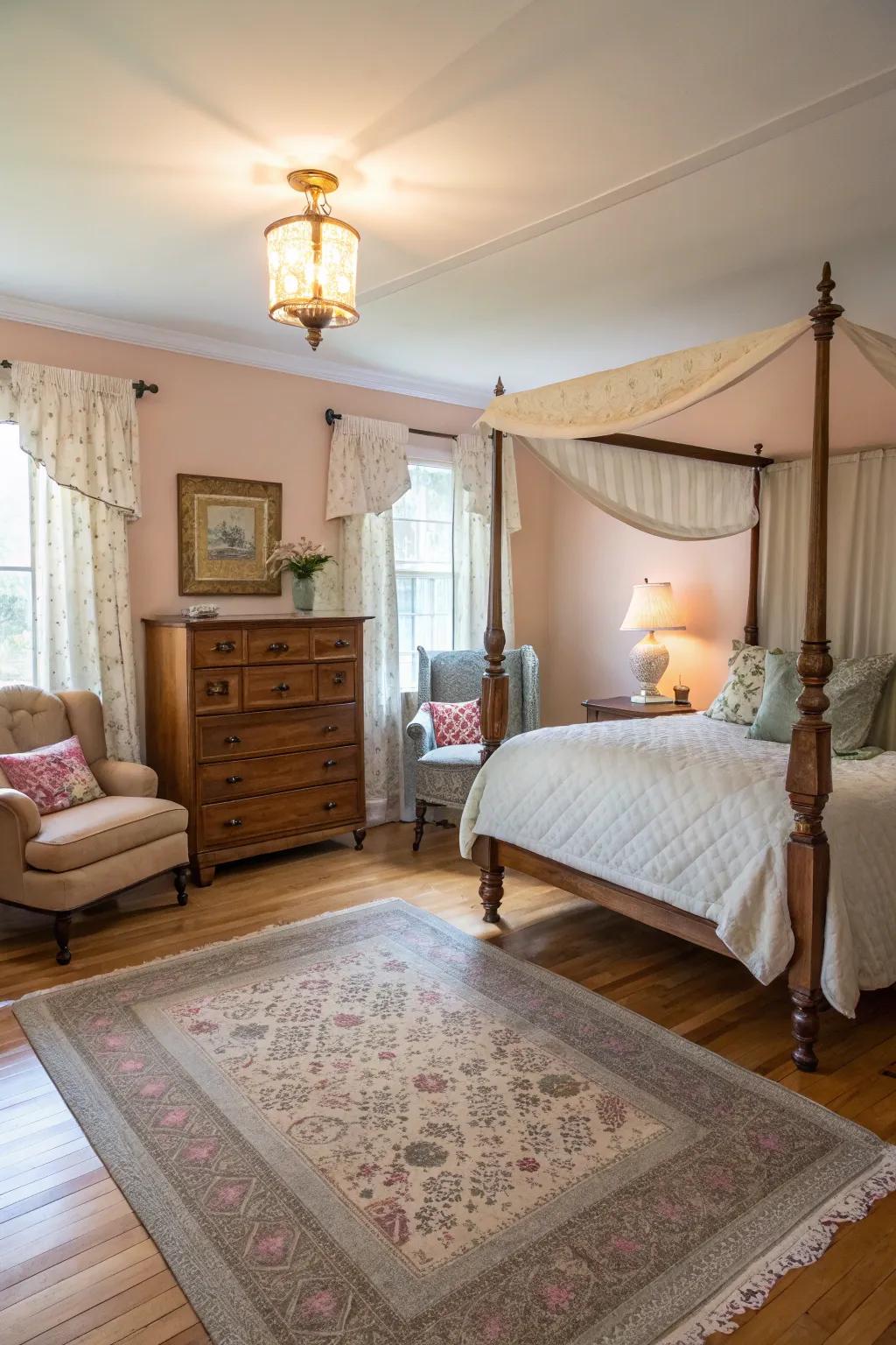 Vintage components enriching a light wood floor bedroom with character.